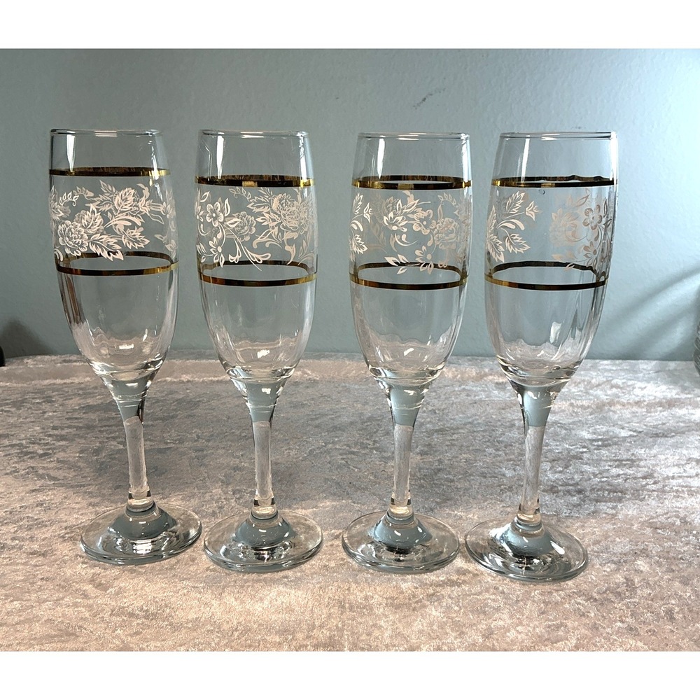 Vintage 4 Circleware Duchess Collection Champagne Flutes Gold Band Stemware